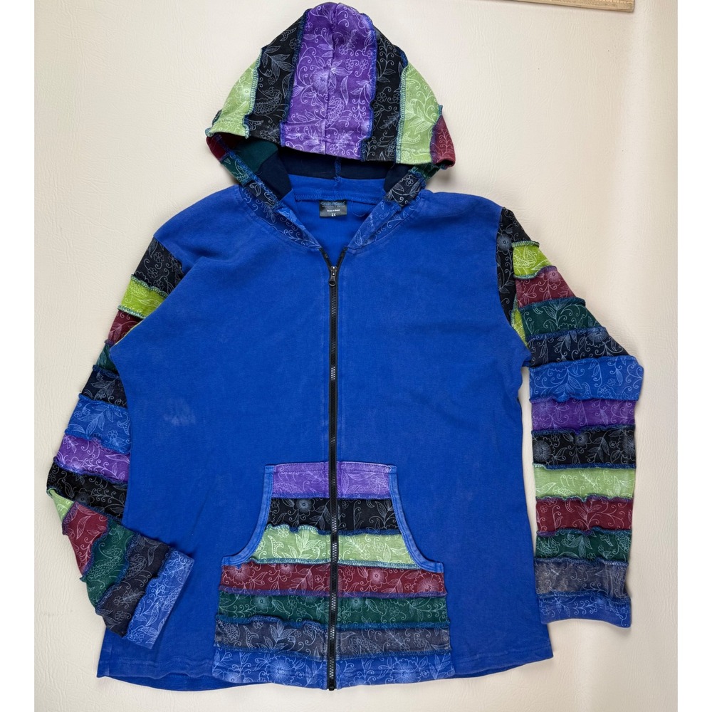 Boho Patchwork Zip Hoodie Cotton Tiered Sleeve